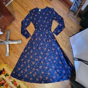⚠️LAST CALL⚠️LAND'S END | Small Midnight Navy Midi Long Sleeve Goth Dress Floral